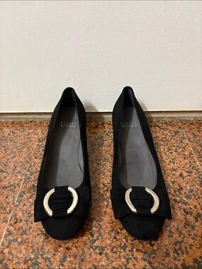 Stuart Weitzman Black Suede Flats with Silver Ring Accent